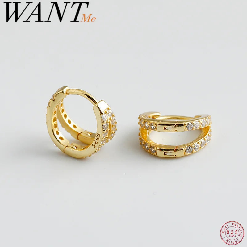 WANTME 925 Sterling Silver Fashion Luxury Shiny Double Layer Zircon Huggies Hoop Earrings for Women Plated 18k Gold Fine Jewelry