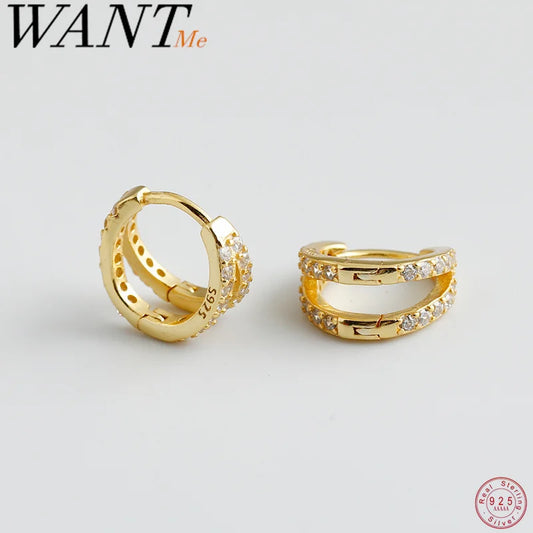 WANTME 925 Sterling Silver Fashion Luxury Shiny Double Layer Zircon Huggies Hoop Earrings for Women Plated 18k Gold Fine Jewelry