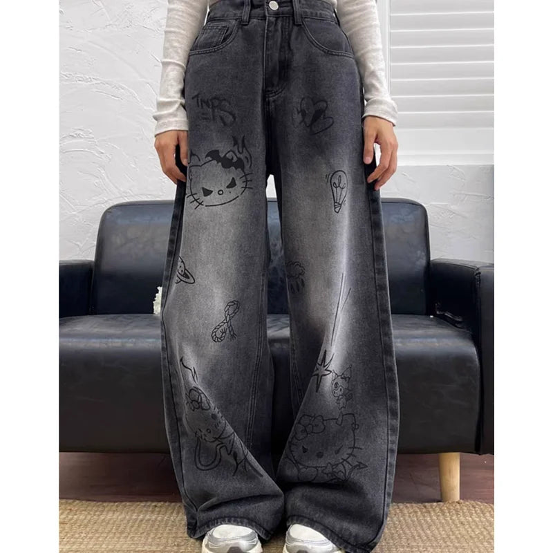 American Black High Street Casual Cartoon Print Wide Leg Pants for Women