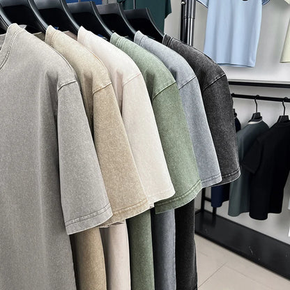 American Style Retro Heavyweight Solid Color Short Sleeved T-shirt Men Women Summer Street Trendy Washed Old Oversized Clothes