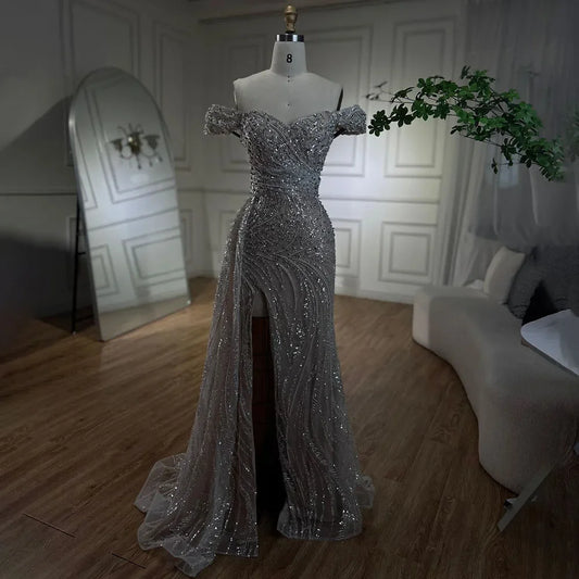 Arabic Silve Nude Mermaid High Split Beaded Luxury Dubai Evening Dresses Gowns For Women Wedding Party 2024 BLA72262 Serene Hill