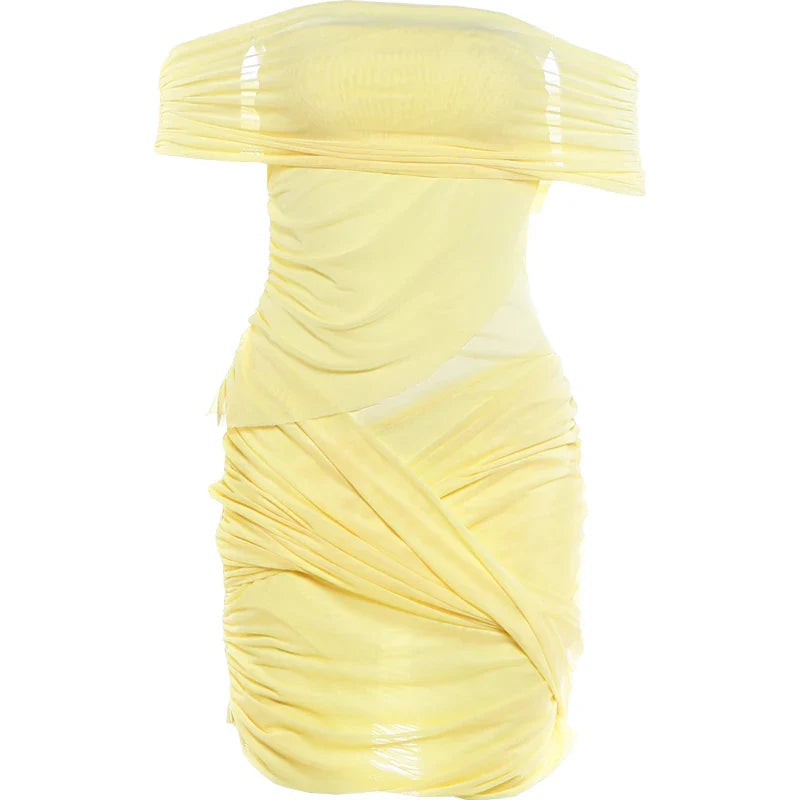 Kliou Sexy See Through Mini Dress Woman Slash Neck Backless Skinny Peach Buttocks Hot Girls Midnight Club Party Hipster Bodycon
