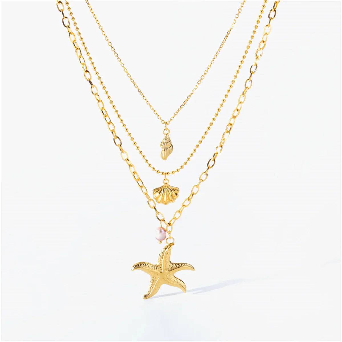 Women's 316L Stainless Steel Starfish Conch Shell Pearl Pendant Necklace 3-in-1 Choker Chain Jewelry Gift