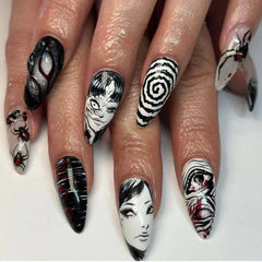 24Pcs Horror Comic Tomie Press on Nails Almond Glossy Black Japanese Anime Nails