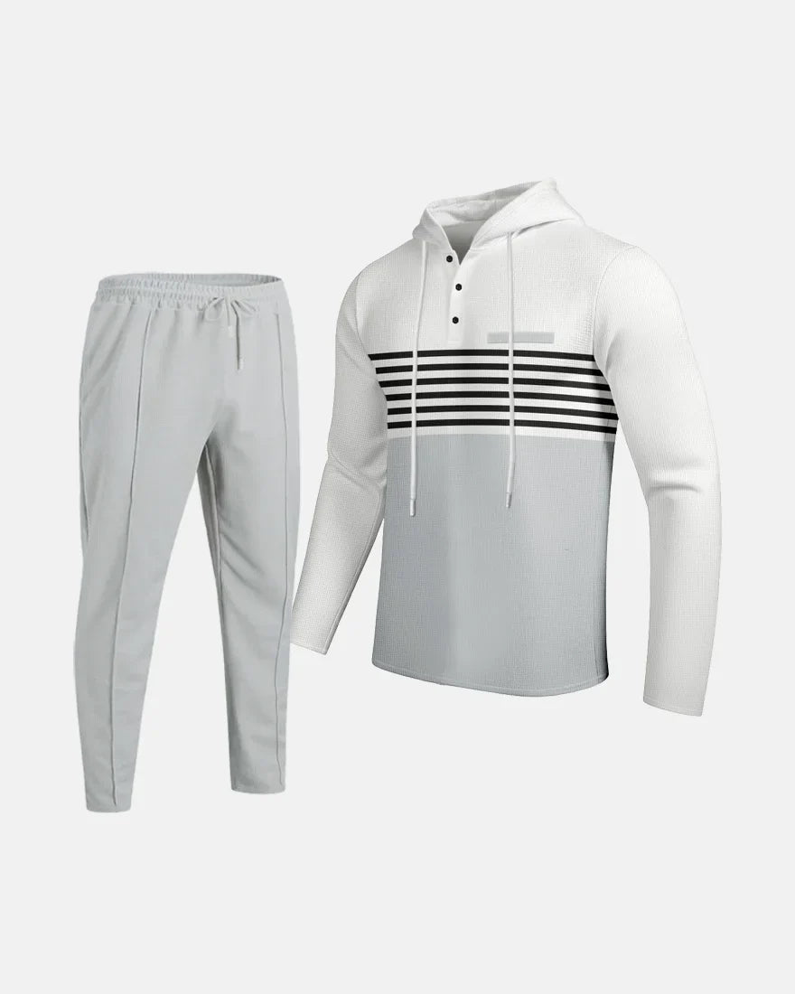 New Men's Waffle Casual Set Outdoor Four Seasons Versatile Trendy Stripe Color blocked Hoodie, Casual Pants Two Piece Set