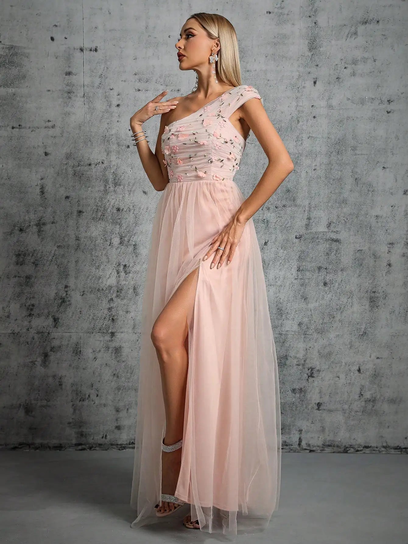 Homecoming Dresses: One shoulder pleated embroidery slit A set of gauze evening