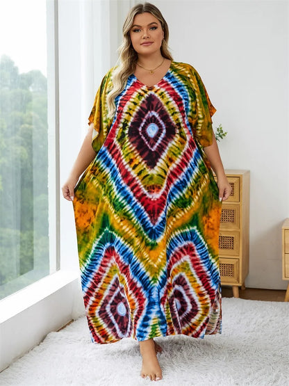 2024 Bohemian Multicolor V Neck Loose Kaftan Dress For Women Summer Casual Plus Size Batwing Sleeve Vacation Long Dress Q1464