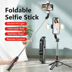 Foldable Selfie Stick Double LED Fill Light with Wireless Bluetooth Remote Desktop Tripod