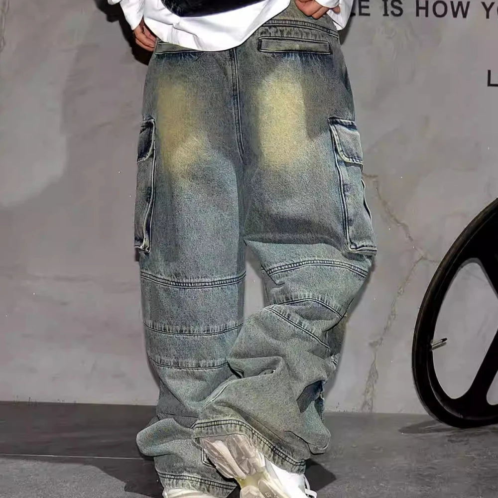 Denim Cargo Pants Mens Clothing Multi-Pocket Baggy Jeans Streetwear Hip Hop