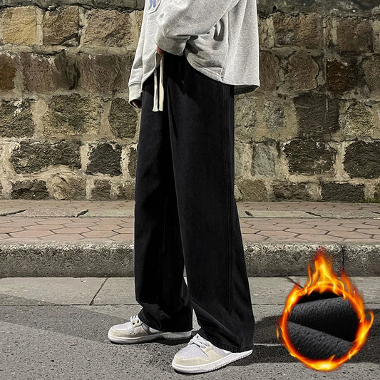 Winter Fleece Men's Baggy Wide Leg Jeans Thicken Warm Fashion Streetwear