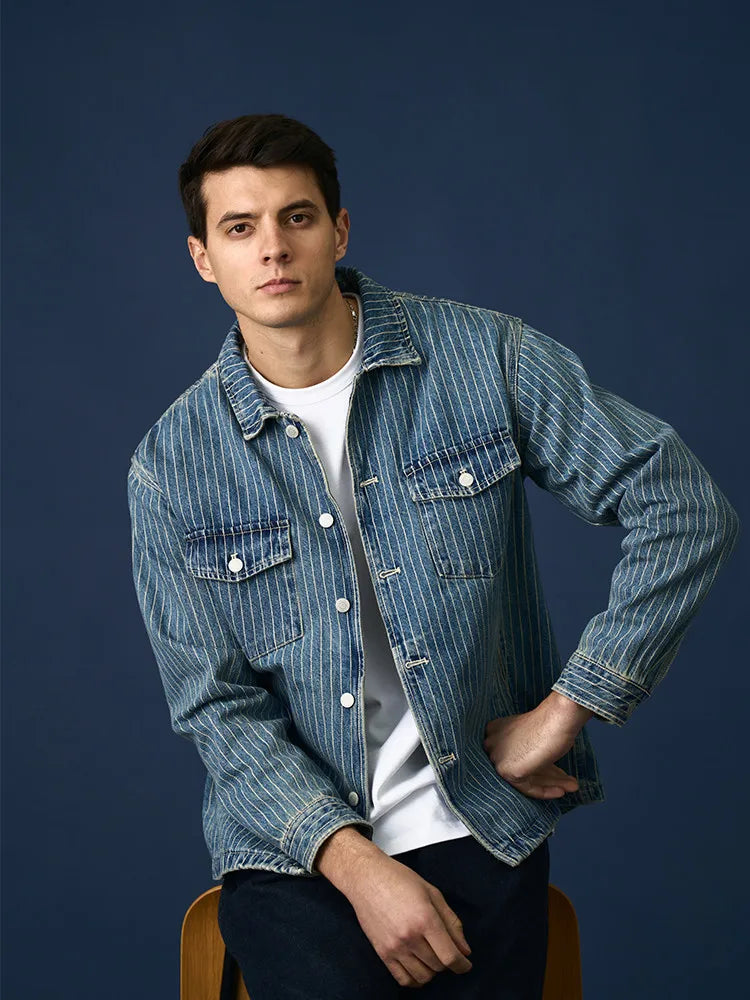 High Strandard Series  2024 Autumn New Oversize  Fabric Vertical Striped Denim Jackets