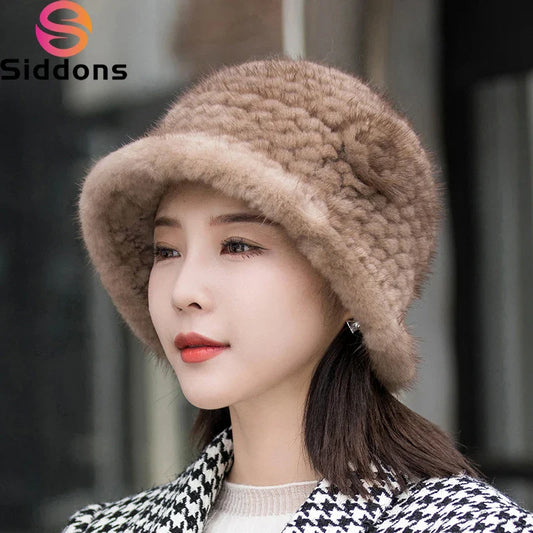 Woman Hat Winter Solid Mink Caps With Flower Natural Mink Fur Hats New Russian Girl Soft Knitting Real Fur Bucket Hats 2026 Warm