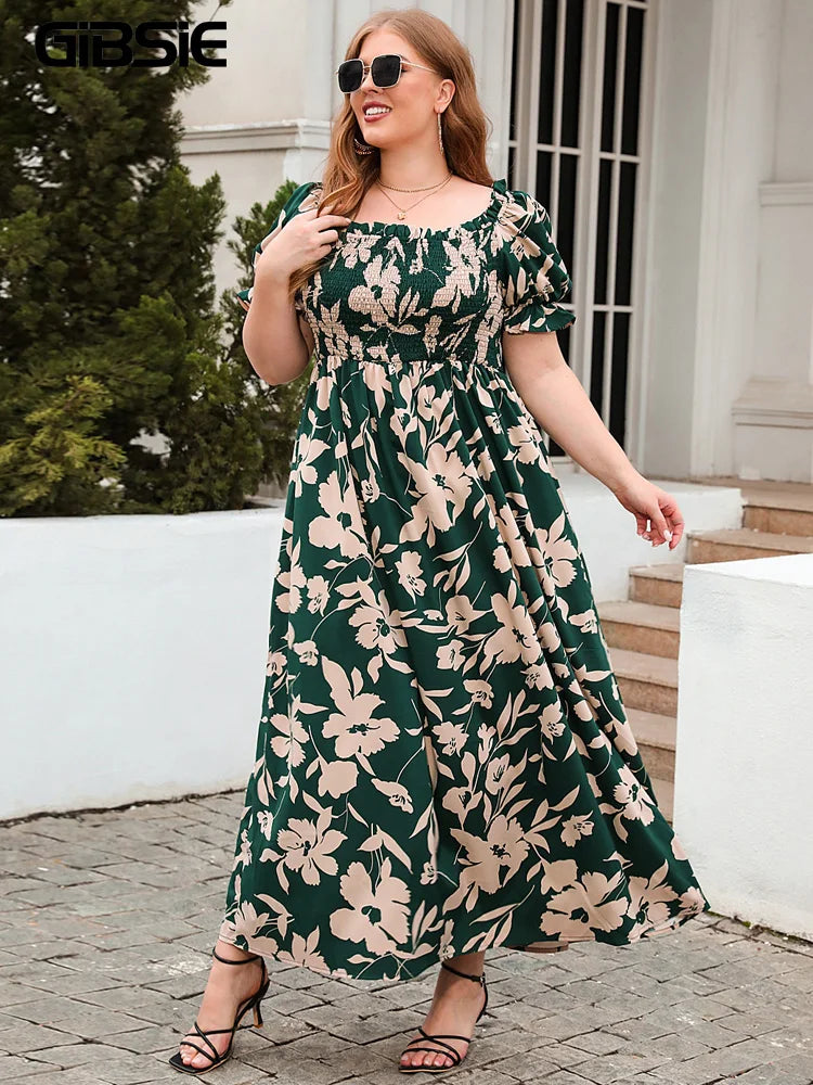 GIBSIE Plus Size Square Neck Floral Print Puff Sleeve Dress Women Summer 2024 Vacation Beach Bohemian Swing Long Maxi Dresses