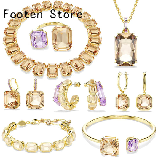 Original 2025 New Trend Anniversary Jewelry Set Charm Luxury Gold Purple Water Drop Crystal Fashion Women NecklaRce ing Earrings