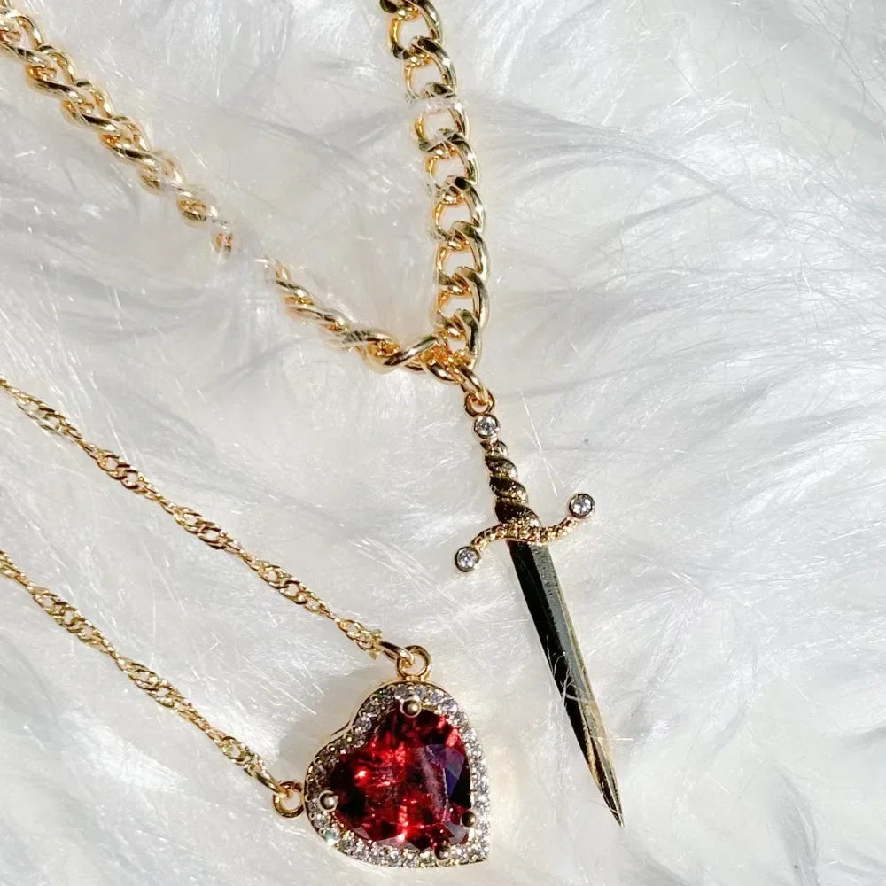 Couple Necklace Heart and Sword Pendant Necklace for Women Gothic Punk Romantic Valentine Day Jewelry Gifts Accessories