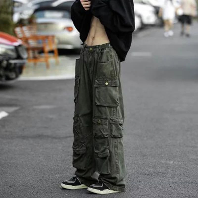 Cargo Pants Multi-pocket Military green Overalls Men's Harajuku Korean