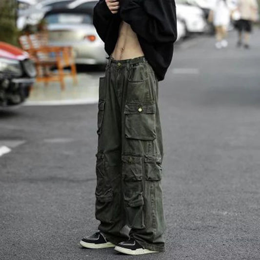 Cargo Pants Multi-pocket Military green Overalls Men's Harajuku Korean