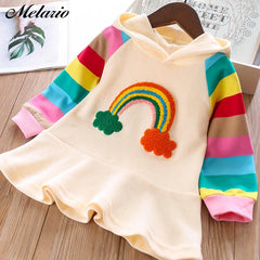 Girls Dress Autumn Long Sleeve Rainbow Striped Princess Dresses for Girl