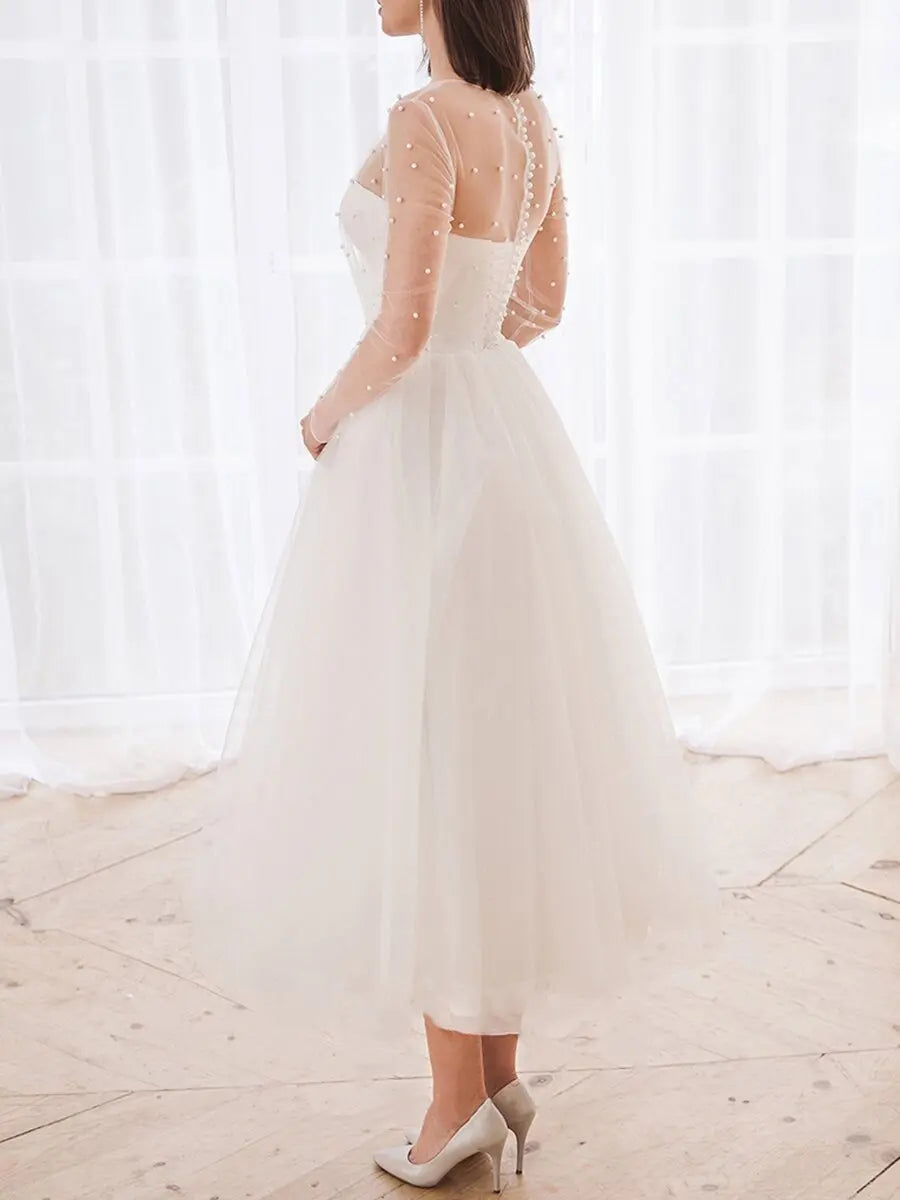 Evening Dresses O-Neck A-LINE Tea-Length Long Sleeved Lace of Formal Dress Women