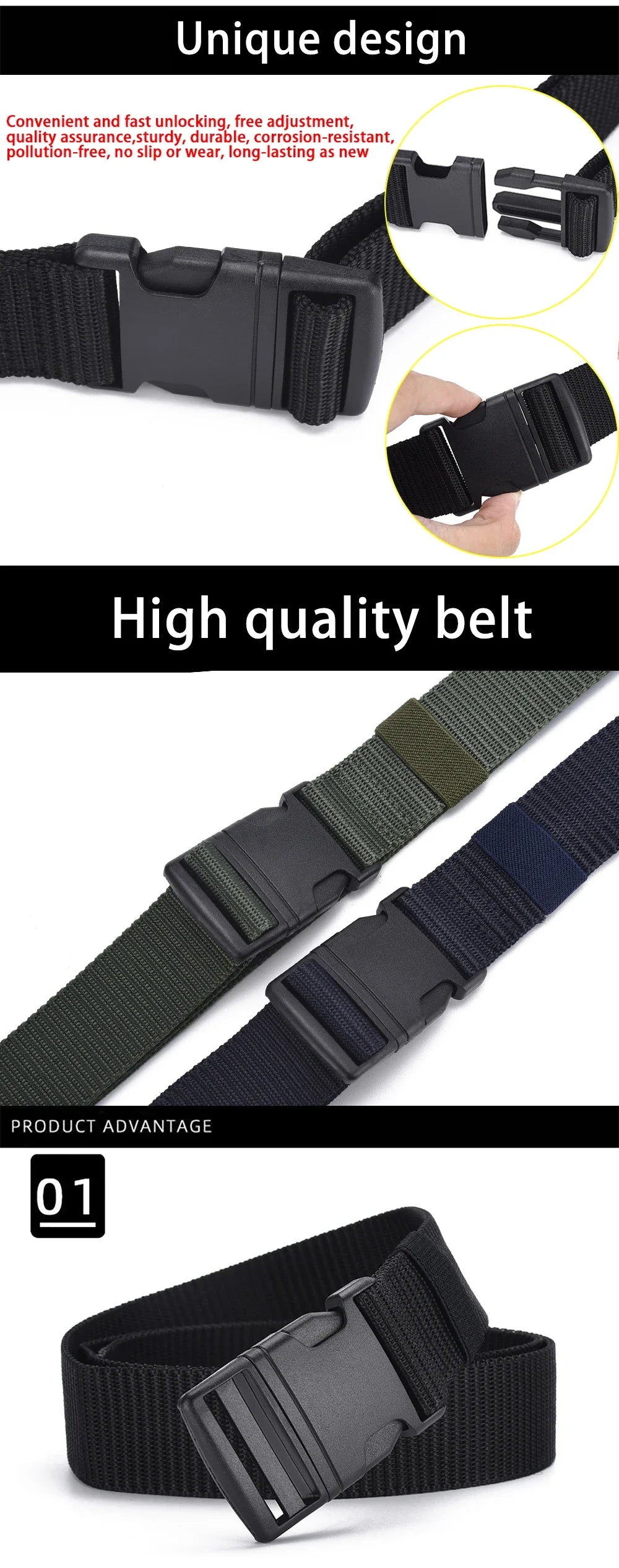 Men's Outdoor Tactical Belt - No Metal Buckle (Plastic), Nylon Canvas Woven, Heavy Duty High Quality Webbing