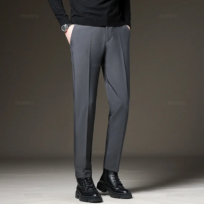 Men‘s Suit Pants Slim Business Office Elastic Waist Thin Black Grey Classic Pant