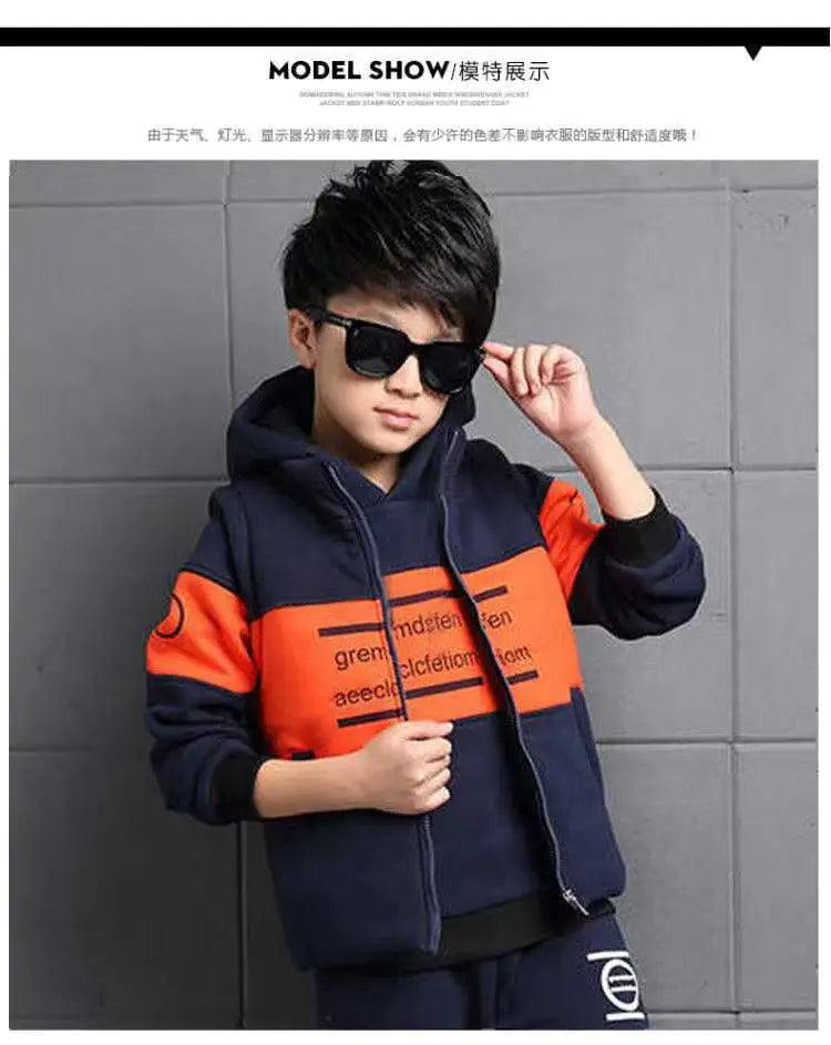 3pcs/set 2025 winter Boys tracksuit Autumn Teenager Clothes splicing velvet jacket + hooded + Pant Children 4 8 9 10 11 12 year