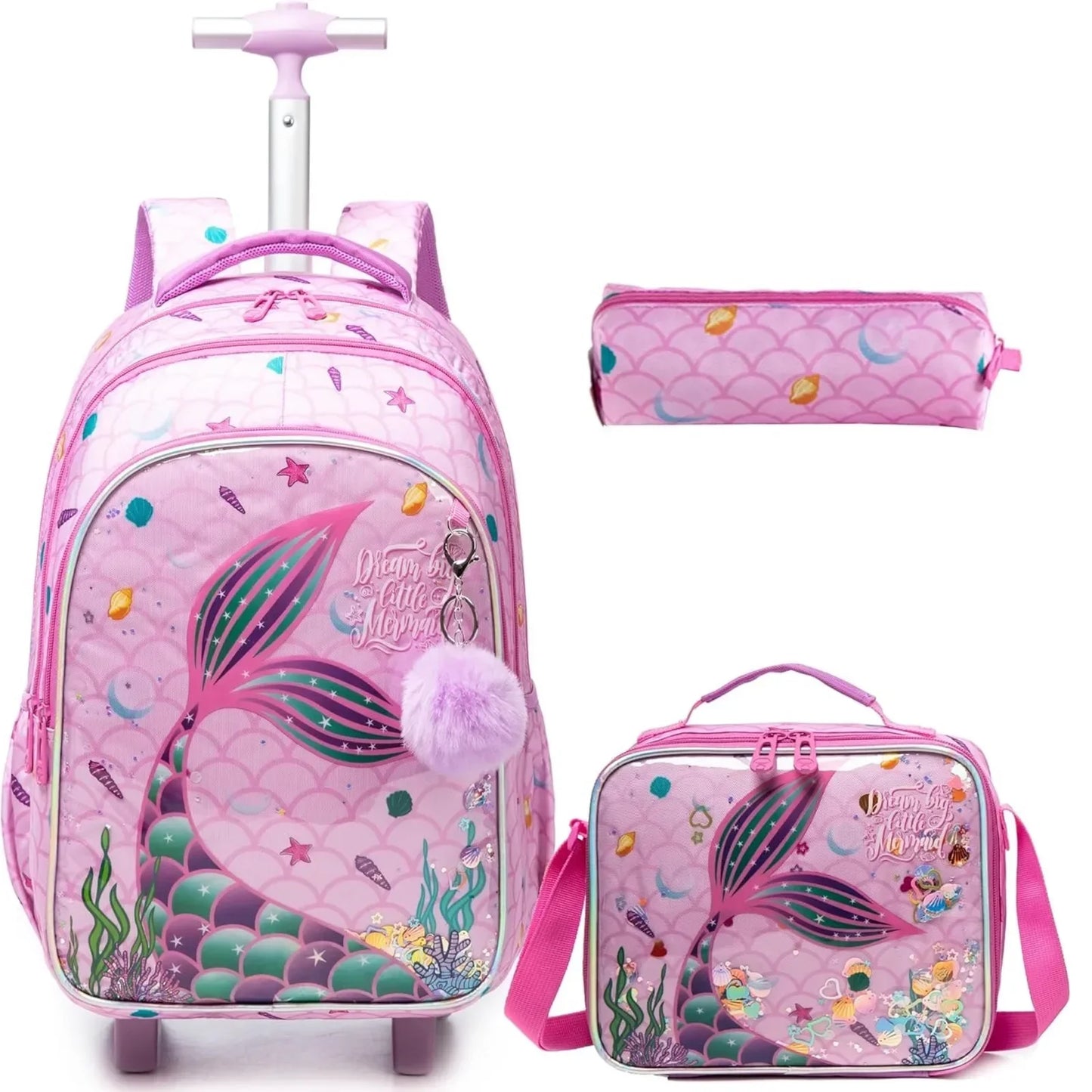 Children's Wheeled Backpack Bag Set with Lunch Box School Rolling Backpack Bag with Wheels School Trolley Backpack Bag for Girls