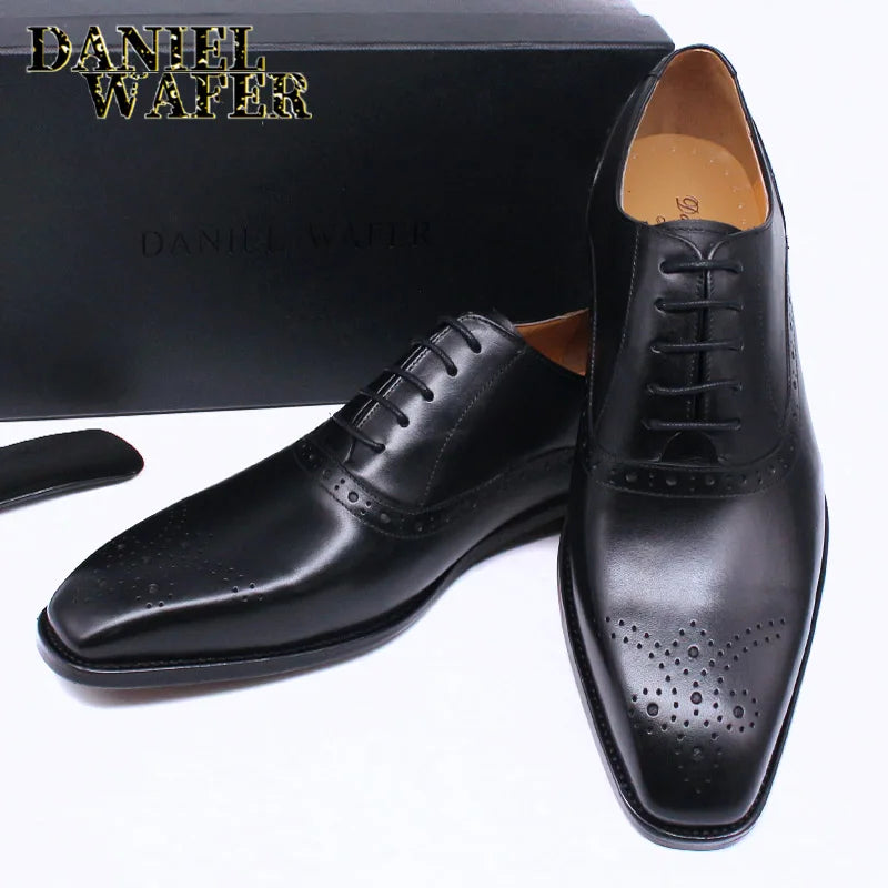 Men's Luxury Brand Shoes Fashion Brogue Formal Black Blue Lace-Up Wedding Office Dress Genuine Leather Oxford Shoes for Man