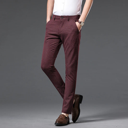 Plaid Casual Business Trousers Men Fashion Stretch Suit Brand Straight Slim Korea