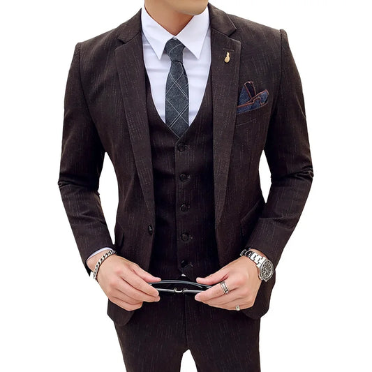 3 Pcs Suits Set Men British Style Coat Vest Pants Male Slim Fit Wedding Dress Tuxedos Business Casual Jacket Trousers Waistcoat