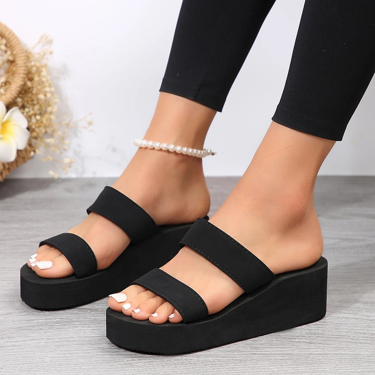 Wedge Heel Thick Sole Ladies Sandals High Heels Sandals Summer Casual Women Shoes Beach Flip Flops Solid Slides Women Slippers