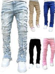 Men's Regular Fit Stacked Jeans Ripped Slim Fit Patch Distressed Destroyed