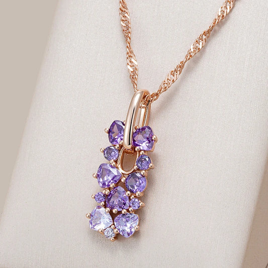 585 Rose Gold Color Crystal Flower Pendant Necklace for Women Purple
