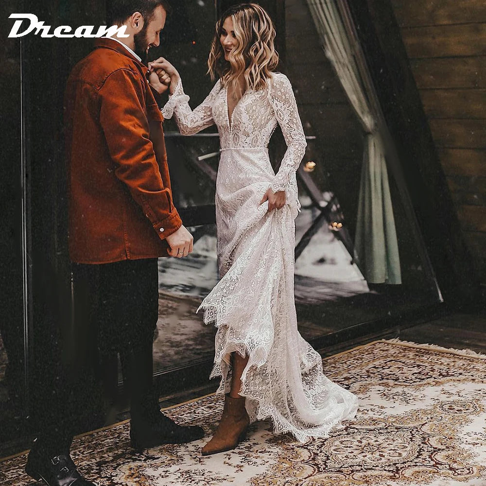 White Bridesmaid Dresses: Long Sleeves Floral Lace V Neck Boho Wedding Dress