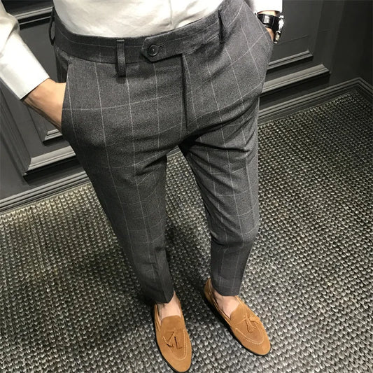 Spring Plaid Casual Trousers For Men Slim Fit Korean Style Cropped Pants Trendy
