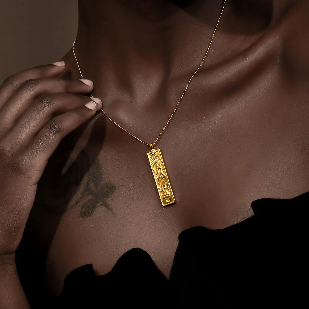 E.B.belle 18k Gold Plated Rectangle Shape 12 Constellation Pendant Necklace Stainless Steel Waterproof Fashion Women's Jewelry