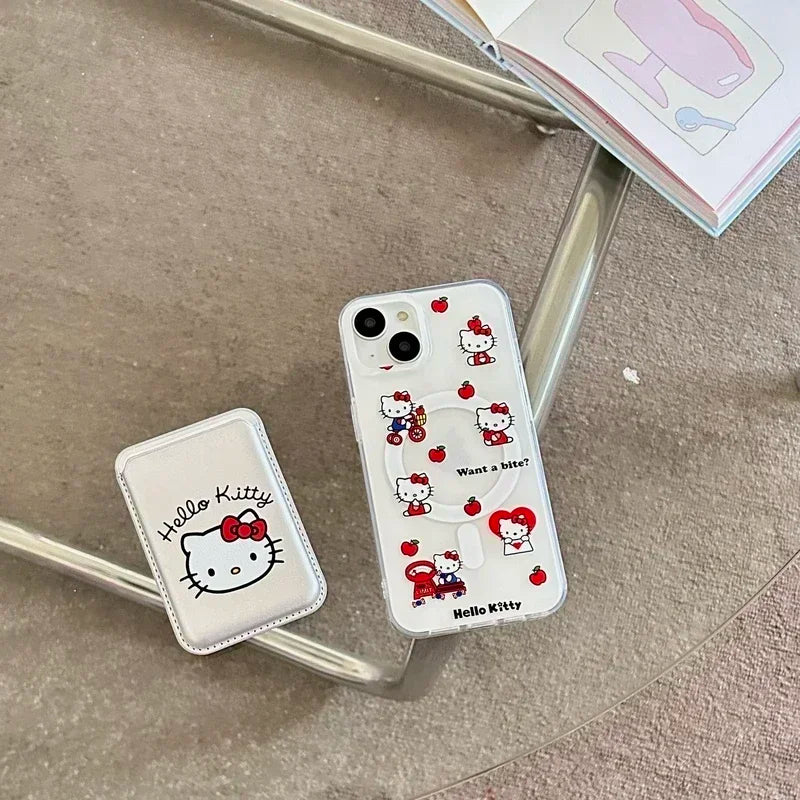 Cute Sanrio Hello Kitty Magnetic Card Wallet Holder Magsafe Wireless Charge Phone Case For iPhone 17 16 15 14 13 Pro Max Cover