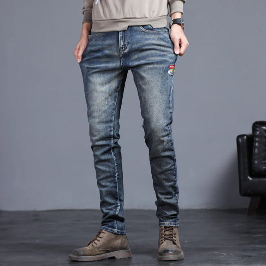 Embroidered Jeans Men's Autumn Winter New Korean Fashion Slim Little Feet Trousers