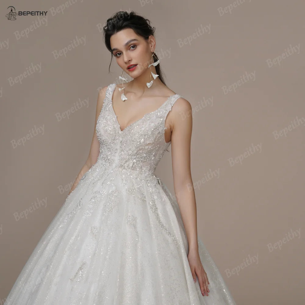 White Bridesmaid Dresses: V Neck Crystal Wedding Dresses Sleeveless Court Train