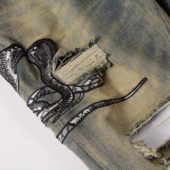 Men Snake Embroidery Denim Jeans Vintage Blue Snakeskin Leather Patch Stretch Pants