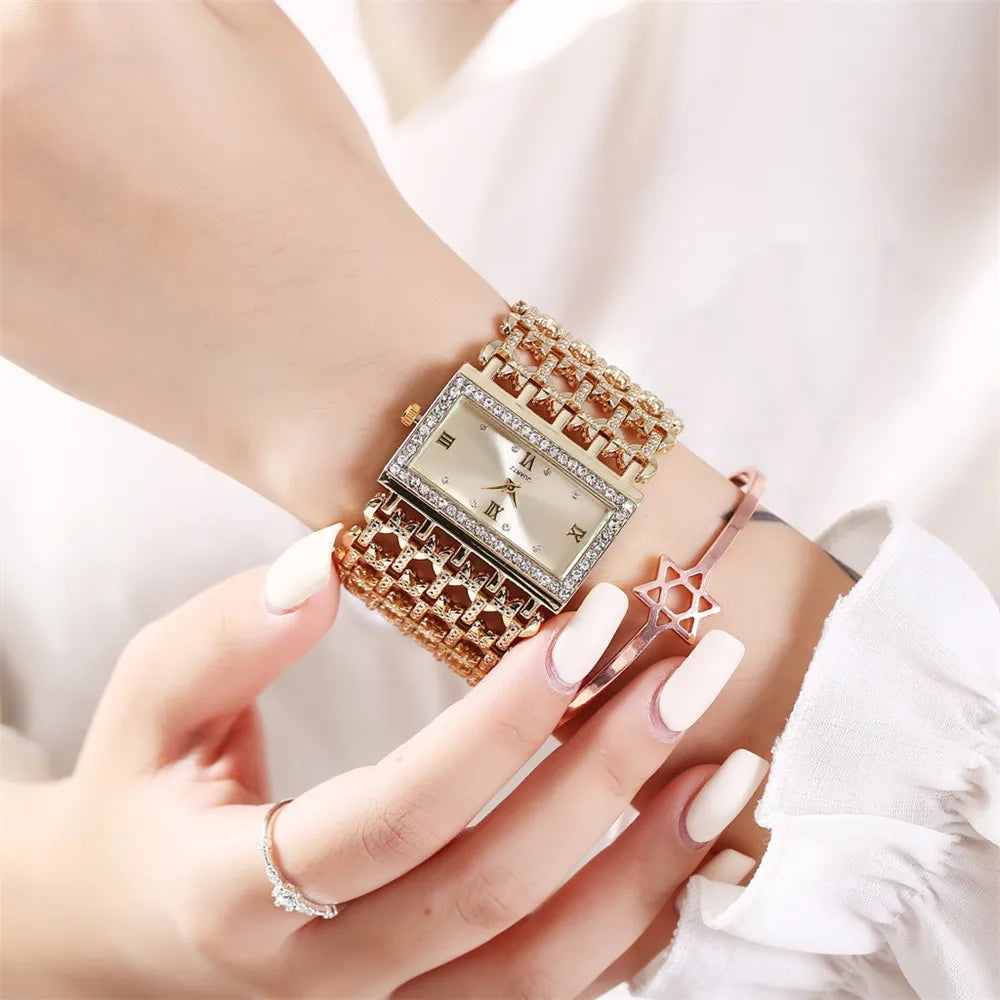 Luxury Ladies Simple Diamond Set Square Bracelet Quartz Watches Fashion Gold Stainless Steel Skeleton Women Clock Dress Watch