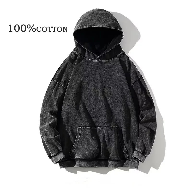 100% Cotton Men's Clothing Vintage Black Acid Wash Hoodies Men Women Oversized Hip Hop Sweatshirts Casual Pullover Y2K Clothes