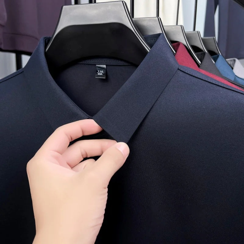 Luxury Quality Men's Polo Shirt No Trace Simple Solid Color Geometric Print Long Sleeve Autumn Lapel T-Shirt Business Menswear