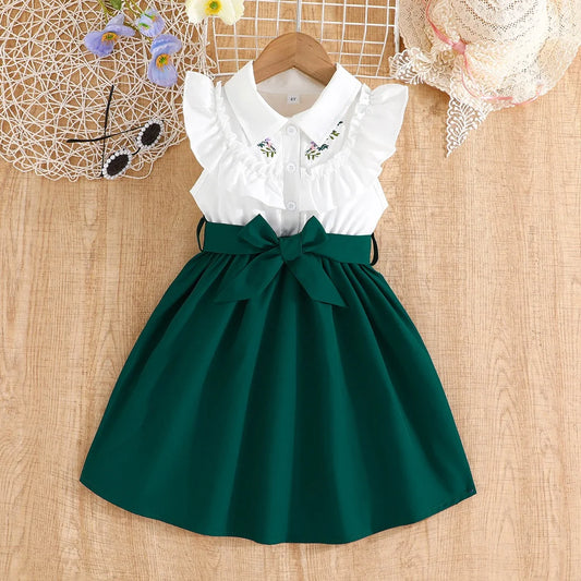 Dress For Kids 2-7 Years old Birthday Ruffled Embroidered Sleeveless Emerald