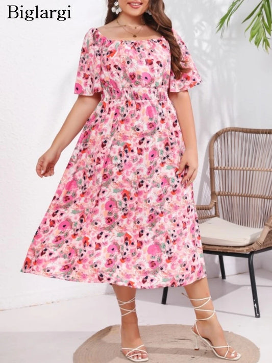 Plus Size Pink Summer Square Collar Midi Dress Women Flower Floral Fashion