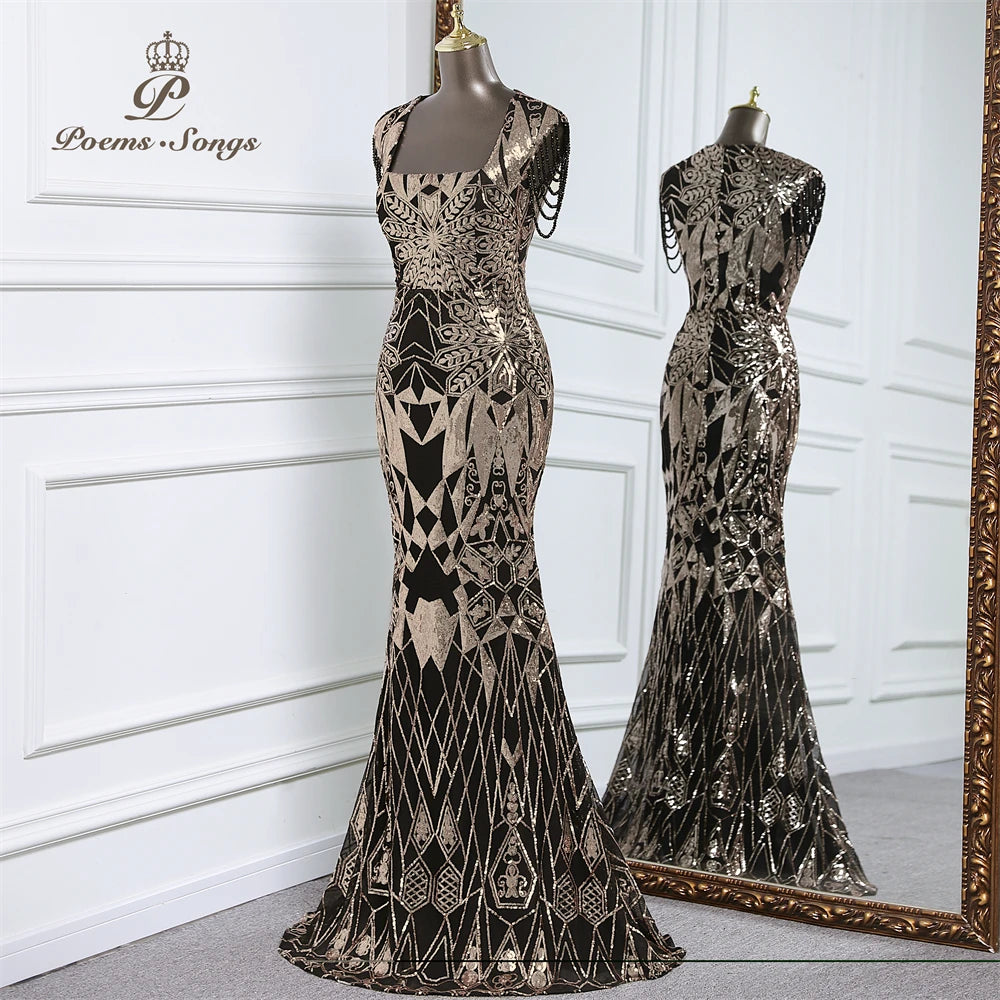 Homecoming Dresses: Long Party Dresses for wedding black and gold sequins Prom Dress