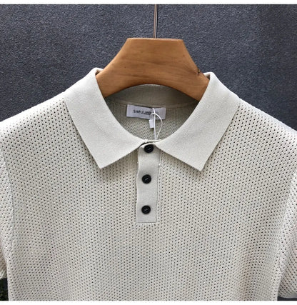 Turn Collar Knit Polo Shirt Short Sleeve Mens Sweater Top