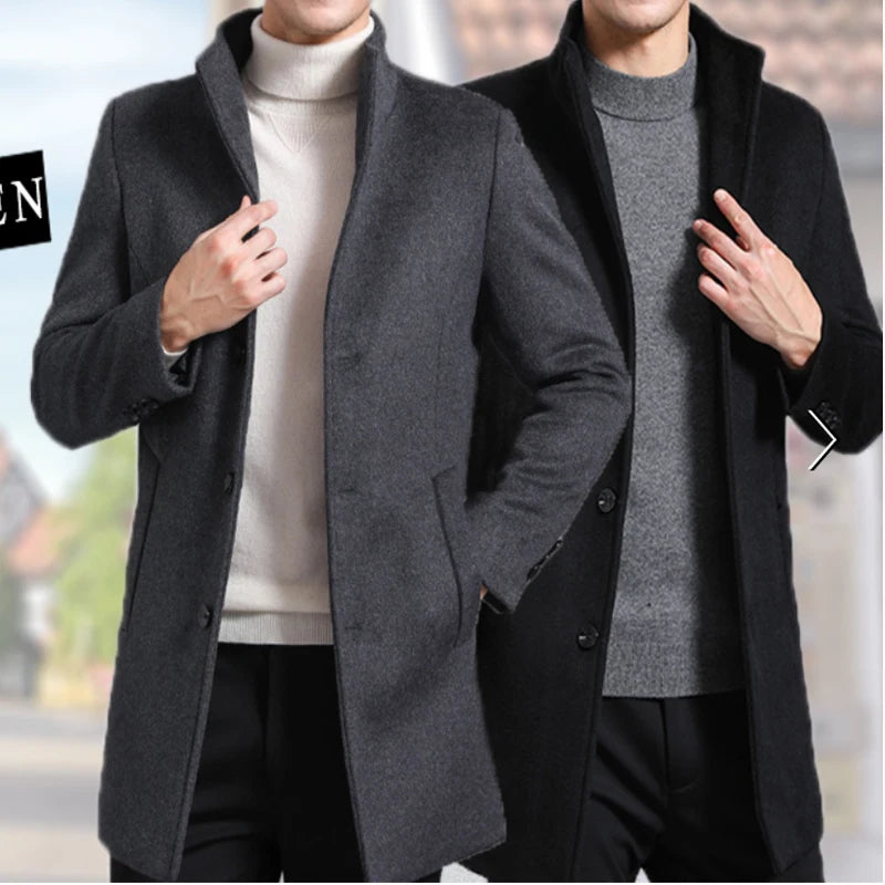 Men's Winter Trench Coat Wool Blend Pea Coat Slim Fit Single Breasted Topcoat