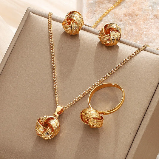 3pcs Set Fashion Creativity Geometry Stereo Knotting Pendant Necklaces Earrings Rings for Women Charm Jewelry Set Accessory Gift