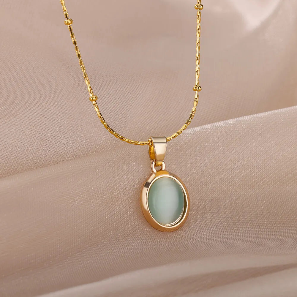 Fashion Stone Opal Oval Necklace For Women Stainless Steel Gold Color Oval Stone